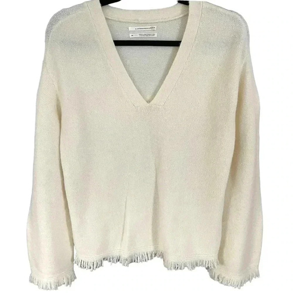 Anthropologie Joy Sweater Fringe Cream VNeck Wool Blend - Picture 2 of 7